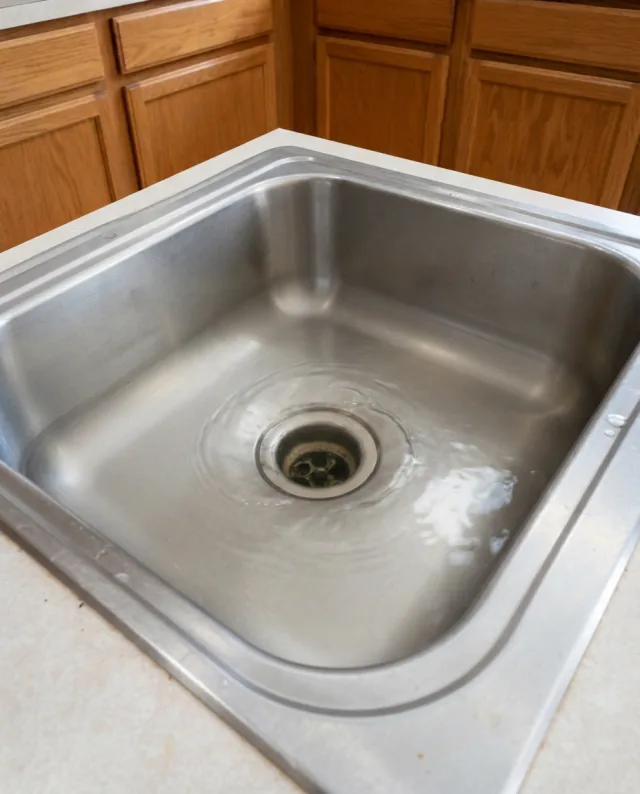 Spotless kitchen sink draining freely — after drain cleaning