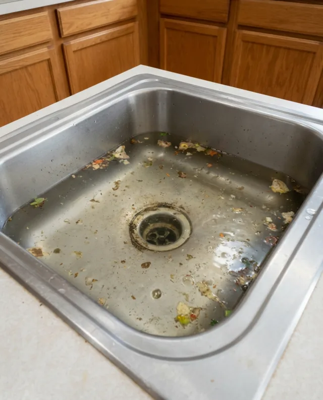 Clogged kitchen sink full of standing water — before drain cleaning