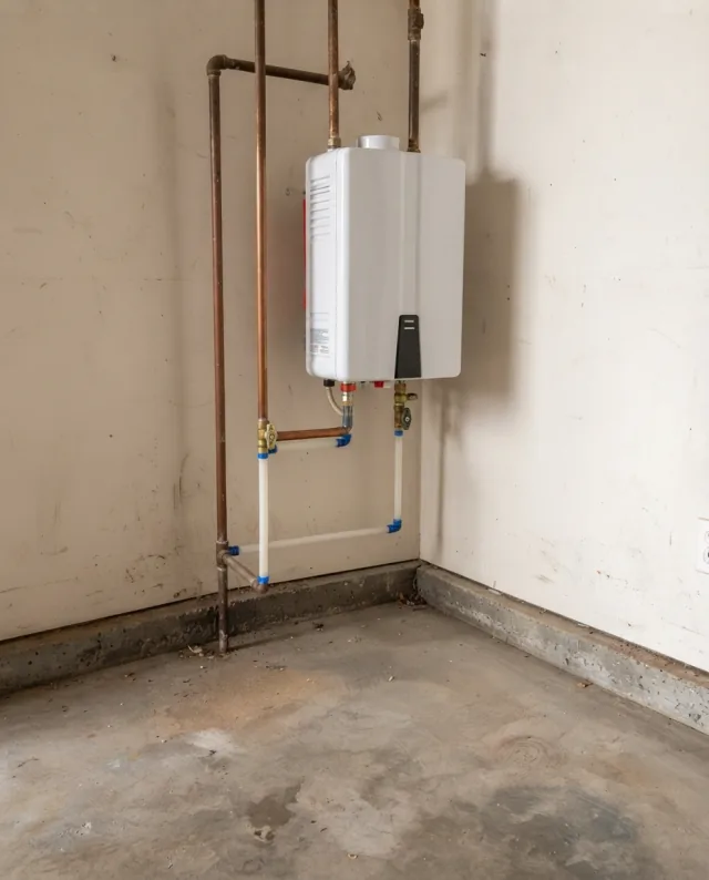 New wall-mounted tankless water heater with tidy piping — after installation
