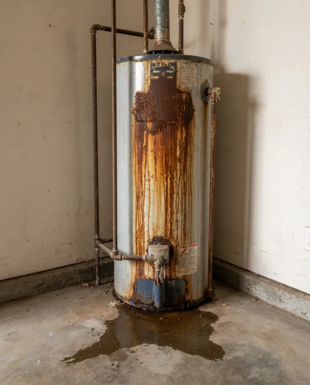 Old rusty tank water heater with corrosion stains — before replacement