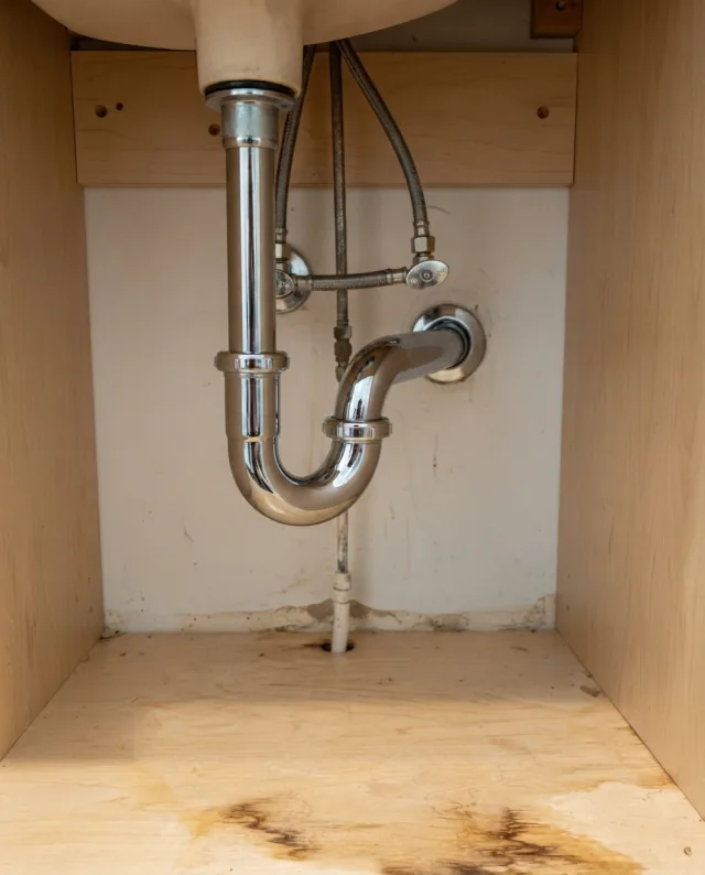New chrome P-trap and supply lines under the sink — after repair