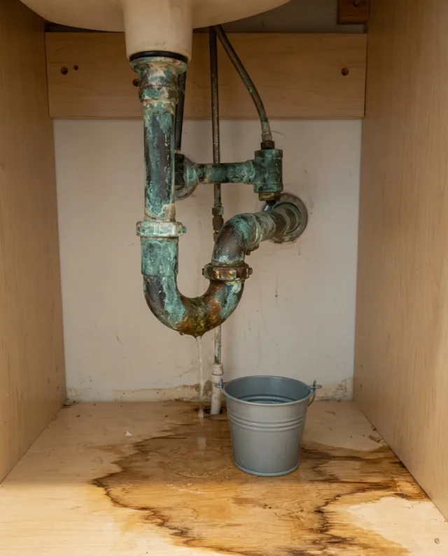 Corroded leaking pipes under a bathroom sink — before repair
