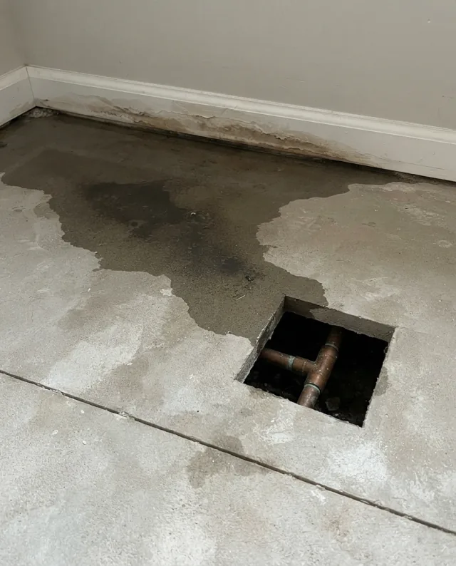 Wet patch and opened section on a concrete slab floor — before slab leak repair