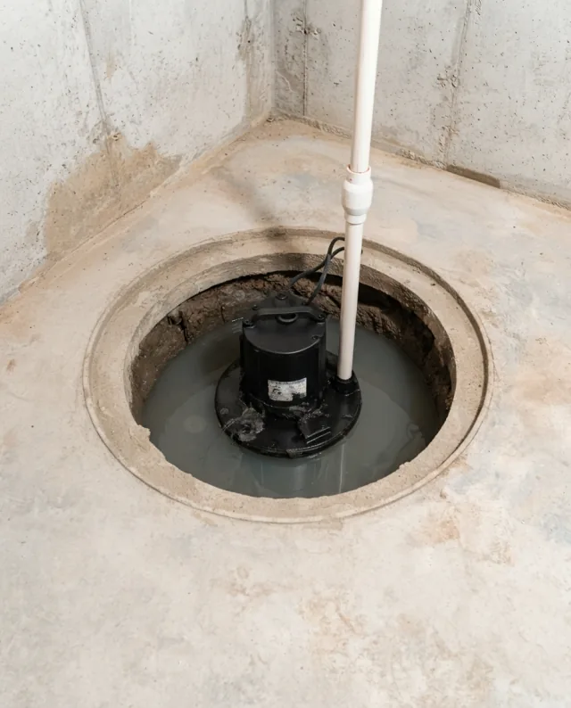 New submersible sump pump with clean PVC discharge pipe — after replacement