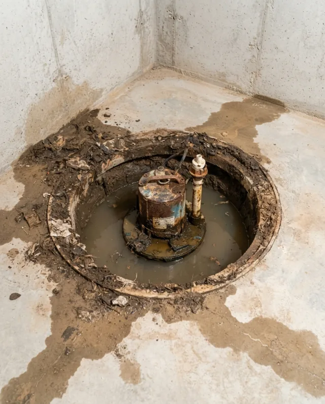 Old rusty sump pump in murky water — before replacement