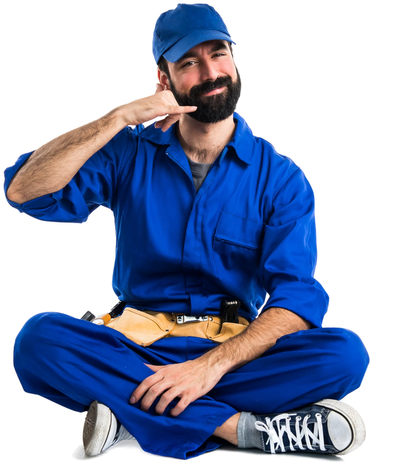 Friendly ClearFlow plumber in a blue uniform making a call-me gesture